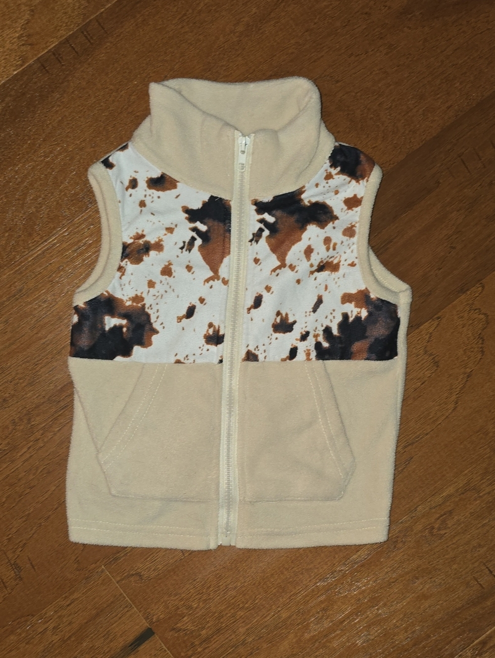 Kids Cream Fleece Vest with Brown Print Panel